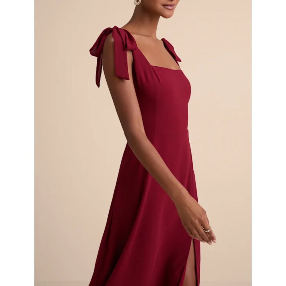 Lulus Summer Invite Wine Red Tie-Strap Tiered Maxi Dress Sz Medium Burgundy Red - Picture 5 of 12